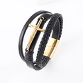 Men's multi-layer black leather woven bracelet with golden cross and magnetic clasp - Gold