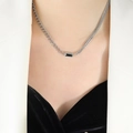 Silver double layer chain necklace with rectangular black gemstone for women - Steel Color Black Zirconia Necklace (P765)