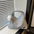 Light blue wrinkled hobo bag with silver butterfly charms and fluffy cloud pendant - With Cloud Charm / Silver