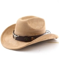 Classic camel western cowboy hat with wide brim and bull head leather band decoration - M (56-58cm) / Dark Camel