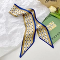 Floral print satin skinny scarf in mustard yellow and navy blue contrast colors - Flower