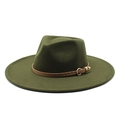 Détail du chapeau fedora en laine vert armée avec ruban en cuir brun et boucle dorée - M (56-58cm) / Vert Militaire