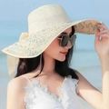 Beige wide brim straw sun hat with colorful speckles and ribbon for beach vacation - M (56-58cm) / Beige Polka Dot