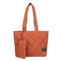 Caramel quilted nylon tote bag with matching pouch and stylish diamond pattern - Style 1 Orange