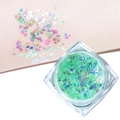 Sparkling green glitter gel with star and heart sequins in a square jar for eye makeup - Holographic Tender Green