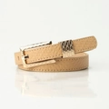Slim beige faux leather belt with pebble texture and decorative gold pin buckle - Khaki
