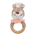 Pink handmade crochet rattle toy with natural wooden ring for baby teething relief - Deer with Pink Scarf