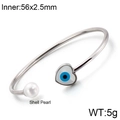Silver open bangle with shell pearl and heart-shaped evil eye pendant in stainless steel - Heart Style (KB122992-K) / Steel