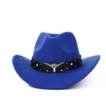 Klein blue western cowboy felt hat with leather band and metal bull head ornament - M (56-59cm) / Blue Rivets