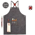 Dark grey heavy canvas apron with leather cross straps and hanging hand towel - New Leather Strap Thick Black-Grey Canvas with Loop
