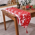 Red Christmas table runner with white reindeer patterns and festive tassel pendants - Style A Classic Red Reindeer