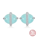 S925 sterling silver stud earrings with light blue turquoise and white zircon accents - Light Blue Oval Stud - Silver