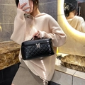 Borsa da trucco in pelle PU nera trapuntata con manico e doppia cerniera lampo - Nero Piccolo