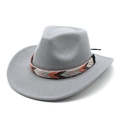 Detail of grey felt cowboy hat featuring an orange and brown geometric woven band - M (56-58cm) / Light Gray