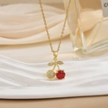 Fashion cherry pendant necklace in gold with red gemstone and sparkling white crystals - Gold Red Gem Pave Zirconia Cherry