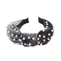 Knotted velvet headband with white faux pearls on a charcoal grey wide base band - Dark Grey