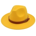 Classic yellow wide-brim felt fedora hat featuring a brown leather band and silver buckle - M (56-58cm) / Yellow