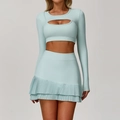 Women's light mint green yoga set with cutout long sleeve top and pleated skirt - S / Top And Bottom / Long Sleeve And Skirt / Cream Green