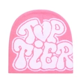Pink winter knitted beanie with white Top Tier jacquard lettering on a white background - Pink with White Letters