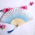 Blue gradient silk fan with cherry blossom pattern and decorative blue tassel - Gradient Blue Cherry Blossom Women's Fan Style 08