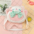 Cute white and pink plush cat coin purse featuring a large mint green bow decoration - Pink Lucky Cat