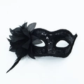 Elegant black masquerade half face mask with sequins, fabric flower and feathers - No Handle / Black