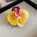 French style hair claw clip featuring a 3D yellow lily flower with red veins and pearl core - Eco-friendly Yellow Orchid Claw Clip (105#)