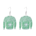 Macro detail of green Christmas sweater earrings with glitter snowflakes and silver hooks - Sweater Shape / Green Hook Earrings