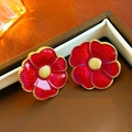 Vintage gold-plated flower stud earrings with red enamel petals for elegant women - 53 Silver Pin-Red Flower