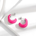 Pink candy-colored C-shaped stainless steel earrings with glossy enamel finish on white steps - Silver Base / Pink