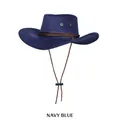 Classic navy blue western cowboy hat featuring woven bands and adjustable wind chin strap - One Size (54-58cm) / Navy Blue
