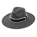 Detail view of the wide brim dark gray wool fedora hat with elegant pearl beaded band decor - M (56-58cm) / Dark Gray