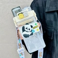 Minimalist square panda plastic water bottle with beige lid, straw and shoulder strap - 520ml / White Panda