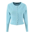 Dettaglio del cardigan in maglia celeste con bordo ondulato e bottoni in metallo - S / Tops / Blu