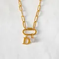 14K gold plated stainless steel paperclip necklace with letter D and zircon pendants - Letter D / Gold