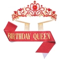 Birthday Queen set featuring red rhinestone gold crown and glitter sash with gold lettering - One Size / Gold Base Red Rhinestone + Red Sash