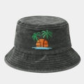 Close-up of coconut tree embroidery on a vintage washed grey cotton bucket hat - M (56-58cm) / Army Green