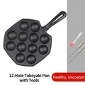Padella takoyaki in ghisa a 12 fori con manico lungo, inclusi pennello e spiedini - Set a 12 Fori con Manico in Ferro (Con Pennello e Forchette)
