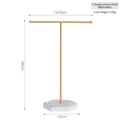 Golden T-bar jewelry stand with a white hexagonal marble base and dimensions - White Marble Pattern Base T-Rack