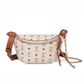 Bolso de pecho vintage crema con estampado conejo, correa cuero y cadena oro - Blanco