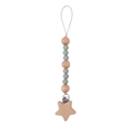 Baby pacifier clip with beech wood star and grey-green silicone beads on white background - Sage Green