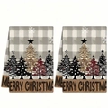 Set of two Christmas dish towels with gray plaid pattern and festive holiday trees - Simple Christmas Tree and Merry Christmas Style (MJBT66-48) / 2 Pieces/Pack (40*60cm) / Grey White Plaid Base