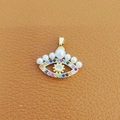 Gold evil eye pendant with white pearls and colored gemstones on leather background - 26-Gold Pearl Multi-stone Eye