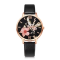 Women's quartz watch with black leather strap and pink floral pattern on black dial - Watch Only / Black