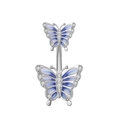 Macro detail of blue enamel butterfly belly ring with sparkling zircon stones - Silver Blue Enamel Double Butterfly