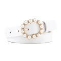 Elegante cintura in ecopelle bianca con fibbia dorata circolare decorata con perle - Larghezza 2.3 Lunghezza Totale 107cm / Bianco