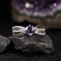 Anillo de plata S925 con amatista central y filas entrelazadas de pavé de cristales - Pavé entrelazado de varias filas (LR373)