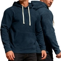 Donkerblauwe heren fleece hoodie met kangoeroezak en crème gekleurde trekkoord detail - S / Marineblauw