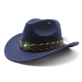 Detail of dark blue felt cowboy hat with braided leather band and turquoise stone - M(56-58cm) / Navy Blue