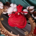 Detail of red heart velvet gift bag with silk bow, pearl and Sweet Heart embroidery - Red With Pearl